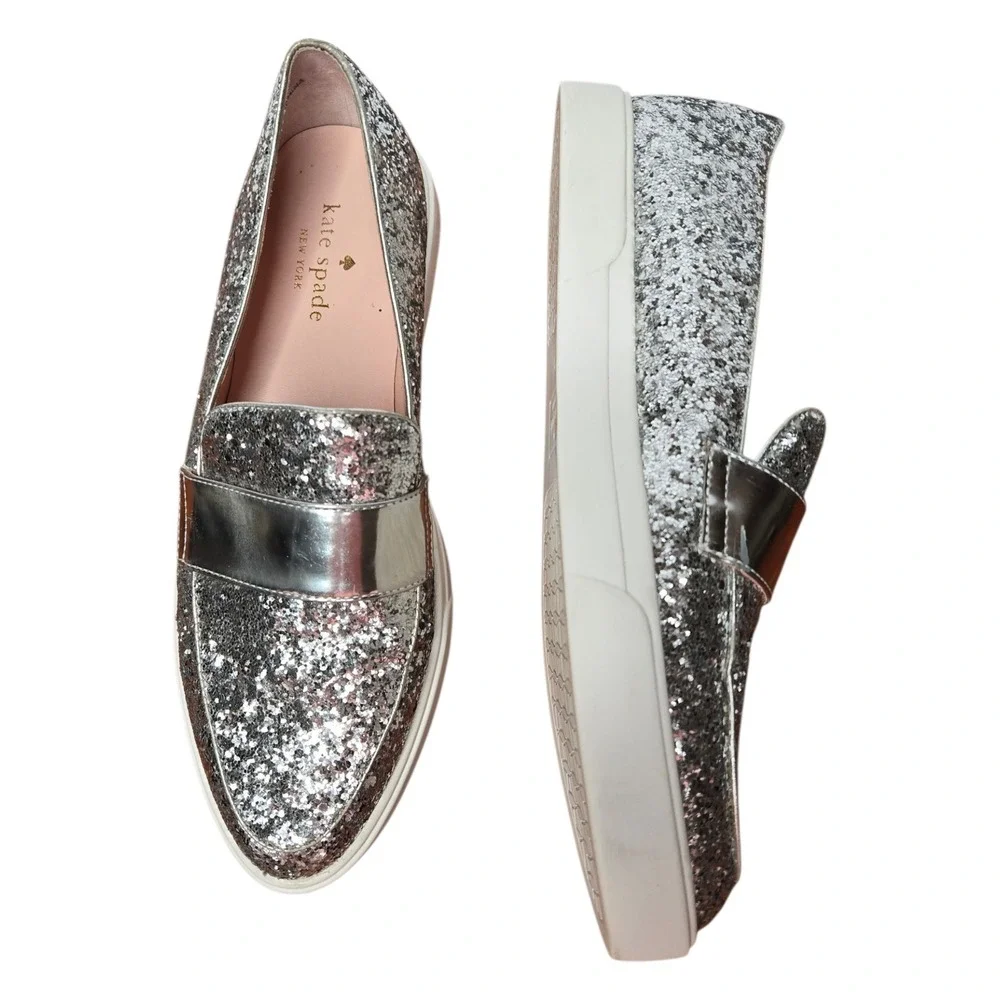 Kate Spade Clover Glitter Leather Slip-On Sneakers Silver Metallic Loafers 7.5